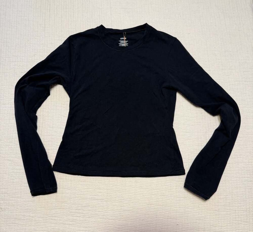 Quince Women’s Black Stretch Cotton Jersey Cropped Fitted Long Sleeve T-Shirt M